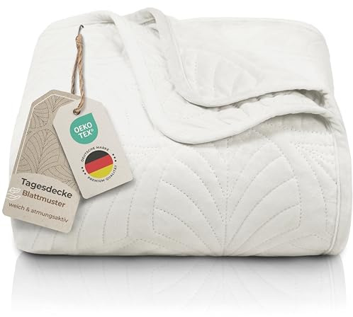 Gräfenstayn copriletto trapuntato matrimoniale 200x220 cm estivo in poliestere – certificato OEKO‑TEX, antigualcitura, decor foglia – elegante coperta letto & sofà (crema)