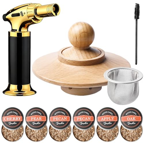 Kit fumoir à cocktail, kit fumoir à whisky avec lumière, 6 copeaux de bois et outils de nettoyage, kit de fumoir à whisky à la mode, accessoires de cocktail, cadeau pour père, mari et amateurs de