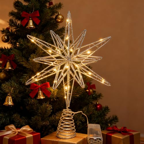 Christmas Tree Topper, LED Metal Xmas Glittered Tree-top Hollow Glitter Xmas Star Tree-Toppers for Christmas Tree Decoration for Xmas Home Holiday Party Decor