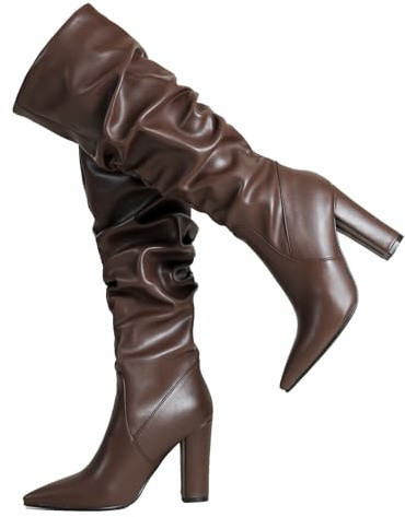 Ceciloroda Donna's Knee Stivali Alti Slouchy Ruched Wide Calf Fall Scarpe Appuntito Pull On Dressy Stivali Block High Heel Comodo Brown Size 43