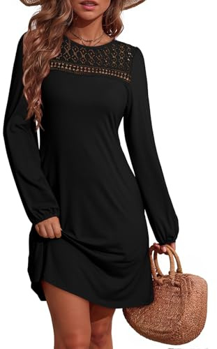 Dokotoo Women's Long Sleeve Dresses Fall Fashion Elegant Lace Hollow Out Patchwork Crew Neck Lantern Sleeves Ladies Dress Solid Color Casual A Line Shift Womens Minidress Black S