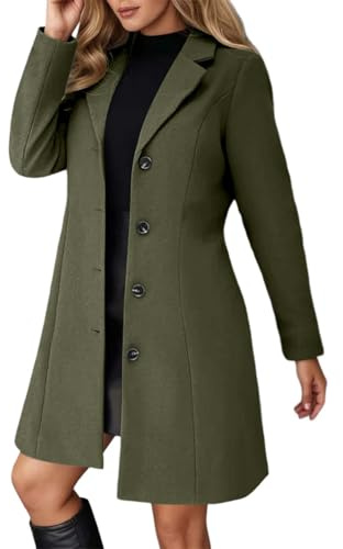 Foweknow Kurzmantel Damen Herbstmantel Elegant Revers Einfarbig Wollmantel Damen Herbst Übergangsjacke Winter Coat Women Knielang Wintermantel Einreihiger A-Linie Wolljacke Damenmantel