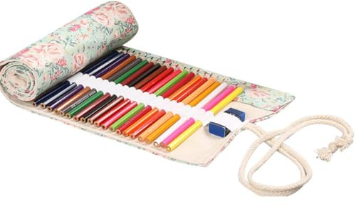 Supvox Handgefertigte Stifterolle aus Canvas mit Blumenmuster Großes Fassungsvermögen Tragbarer Stiftehalter für Schule und Künstler