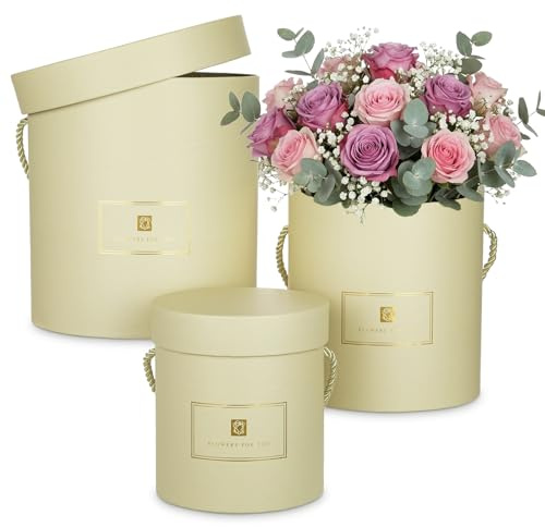 Oairse Set of 3 Round Gift Boxes with Lids and Handles Beige Flower Boxes for Arrangements, Decorative Hat Boxes for Gifts, Weddings, Bridesmaid, Party, Birthdays & Storage
