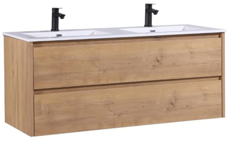 Kometmöbel Doppelwaschtisch 120 cm Waschbecken mit Unterschrank Vormontiert (Eiche 120cm, Ohne Wasserhahn)
