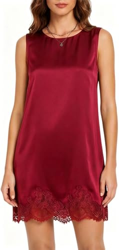 Xiaoliny Women's Satin Mini Dress with Lace Trim Elegant Round Neck Sleeveless Summer Dresses Loose Fit Silky Shift Dress Sexy Short Cocktail Party Tank Dresses Casual Going Out Outfits Evening Wear