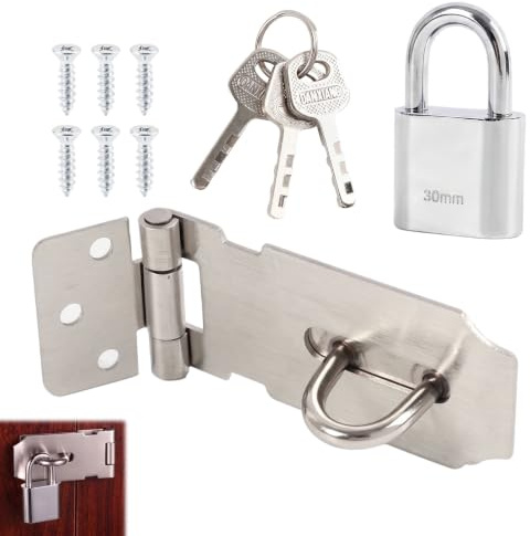 Loquet de Cadenas en Acier Inoxydable avec Cadenas et Vis,Verrou Porte Coulissante et Loquet de Sécurité Robuste,Fermeture pour Chambre,Salle de Bain,Jardin,Portail,Abri et Garage,Antirouille