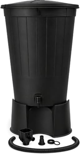 200L Water Butt Kit with Stand, Lid, Tap, Diverter Kit & 1m Hose – Large Rainwater Collection Tank for Garden Water Storage – UV Resistant Plastic – Black