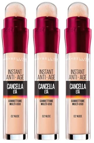 Maybelline New York Instant Anti-Age - Corrector multiusos de color 02 desnuda iluminador con aplicador de esponja – 3 cosméticos