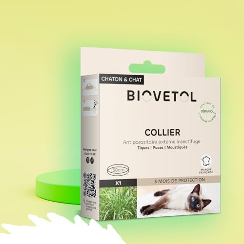 Biovetol - Collier Anti puces pour Chat Naturels d'origine Végétale- Protection 3 Mois- Réglables et Imperméables pour Chat (+15kg) - 35cm