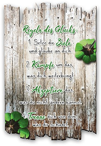 Kreative Feder Wandbild Regeln des Glücks aus Holz im Shabby Chic Landhaus-Stil - Holzschild Größe 30x20cm (Regeln des Glücks)