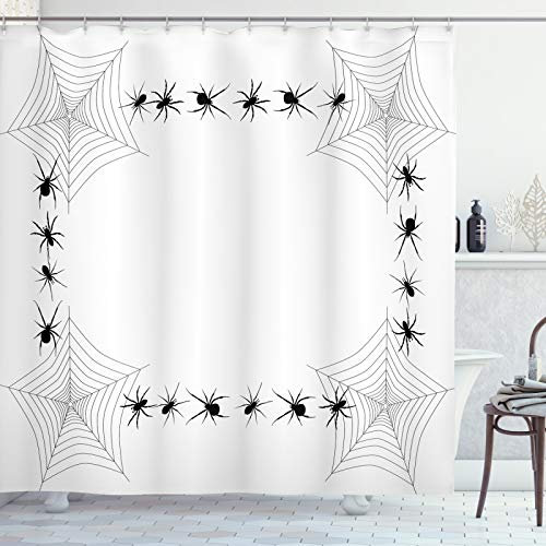 ABAKUHAUS Spinnennetz Duschvorhang, Creepy Insektenfänger, Stoffliches Gewebe Badezimmerdekorationsset mit Haken, 175 x 220 cm, Weiß Schwarz