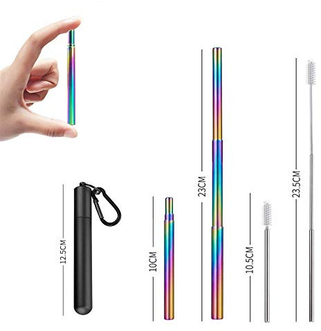 APIKA Wiederverwendbare Teleskopstrohhalme - Tragbare Trinkhalme aus rostfreiem Stahl Für Lebensmittel geeignetes Strohhalm-Set mit Reinigungsbürste, Etui und Karabiner(Schwarz+Regenbogen Stroh)