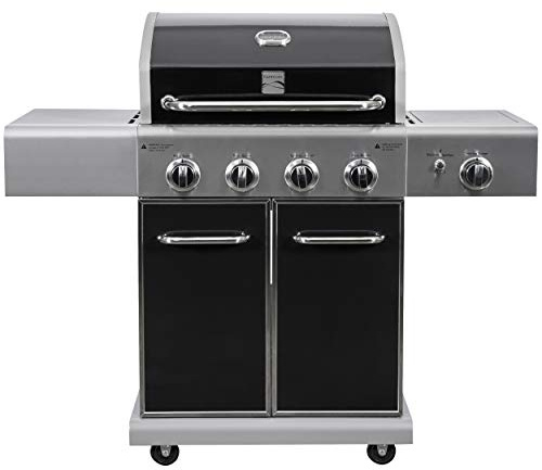 Kenmore 4-Burner BBQ Gas Grill with Searing Side Burner, Propane Grill, 52,000 BTUs, Warming Rack, Electronic Ignition & Cast Iron Cooking Grates, Black/Stainless Steel