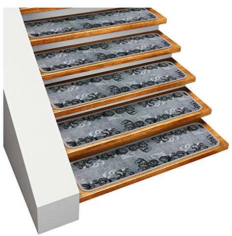 House, Home and More Set of 15 Skid-Resistant Carpet Stair Treads – Elegant Scroll – Silver Gray – 8 Inches X 26 Inches