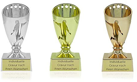 Zelaro Mini Pokal mit Gravur Wunschtext | Fussball Pokal Wanderpokal | Pokale Kindergeburtstag als Geschenk für Kinder, Frauen und Männer | Trophäe Mini Pokal Fussball Cup in 3 Farben | 12cm