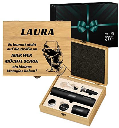 Maverton 6er Wein Zubehör Set mit Aufdruck - elektrischer Korkenzieher - automatischer Flaschenöffner - Wine Accessories - Weinöffner Set für Frauen - Weinset in Bambusbox - Prost