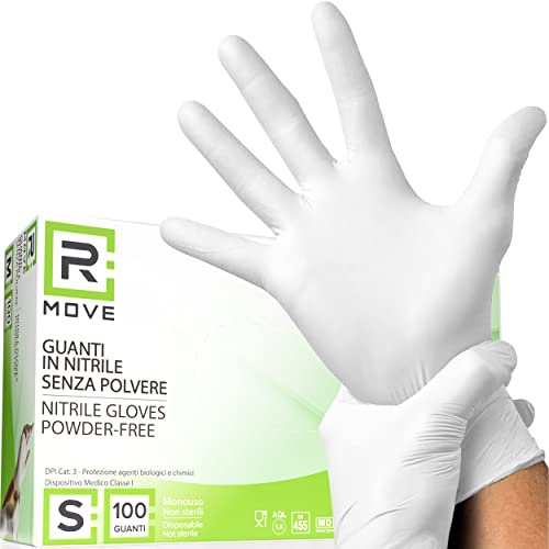 R MOVE 100 guanti in nitrile monouso bianchi S senza polvere, gloves ambidestri usa e getta per alimenti, non sterili, senza lattice, ipoallergenici ambiti medici, Estetisti, Tatuatori (S, Bianchi)