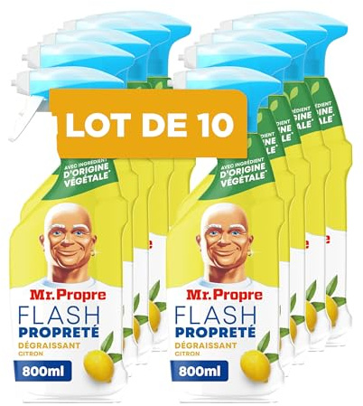 Mr. Propre Flash Propreté Spray Dégraissant Et Nettoyant Multi-Usages Citron, 10 x 800ML, Pas De Traces, Pas De Résidus Dangereux