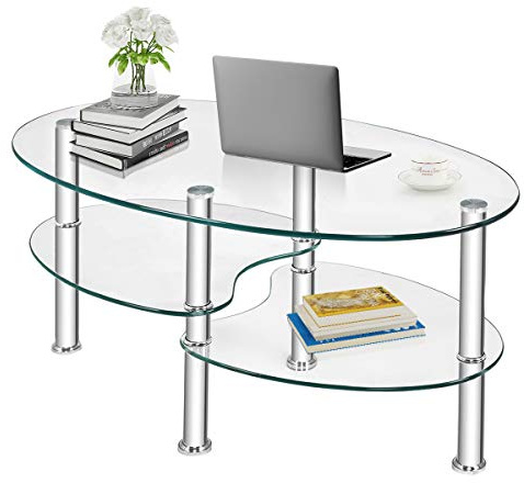 CASART Coffee Tables, Tempered Glass Oval Tea Tables with 2 Shelves, Steel Legs Modern 3 Tiers Cocktail Snack Table for Living Room Bedroom Office (Transparent)