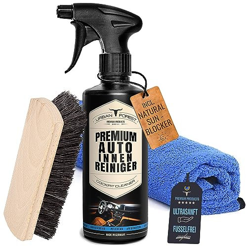 URBAN Forest® Premium detergente per interni auto 500 ml + panno in microfibra di alta qualità + spazzola per tappezzeria, pulizia professionale per interni auto e interni, plastica, imbottitura e