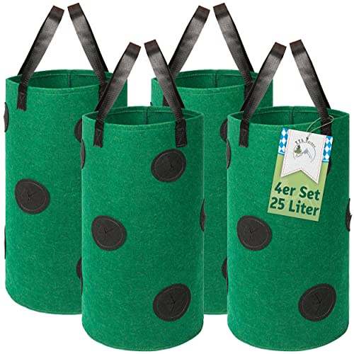 TTL GARDEN 4X 25L Pflanzsack hängend oder stehend 4er Set Pflanzbeutel grün | - 25 Liter Vlies Pflanzentasche Erdbeer Ampel Pflanzturm Pflanzbeutel mit 10 Pflanz Löchern für Erdbeeren Kräuter & Blumen
