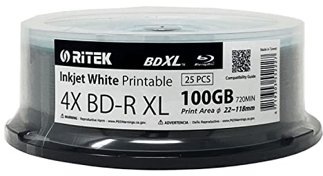 25 Pack Ritek BD-R XL BDXL 100GB Archival Grade Triple Layers 4X White Inkjet Hub Printable Blank Recordable Disc in Spindle