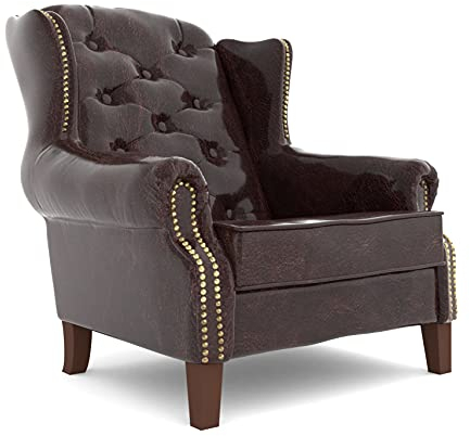S-Style Möbel Cleo Chesterfield Sessel Ohrensessel Für Wohnzimmer Schlafzimmer Louge Büro Loungesessel Polstersessel Cocktailsessel Holzbeine Öko Leder Dunkelbraun 102 x 93 x 102 cm