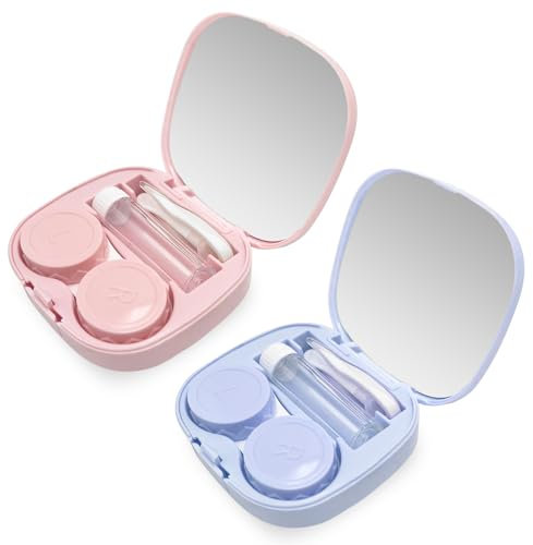 iTGOOS 2 PCS Travel Contact Lens Case with Mirror,Portable Travel Contact Lens Kit,Mini Contact Lens Holder Box with Tweezers & Suction Stick Blue Pink