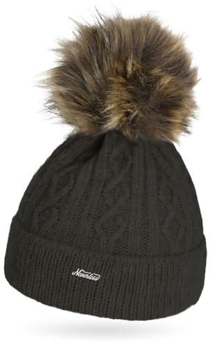 Neverless® Damen Strick-Mütze ohne Futter Fell-Bommel Kunstfell Bommelmütze Zopfstrickmuster Umschlag schwarz Unisize