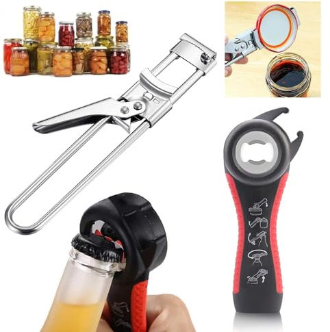 Yuqilin 2 Piezas Abrelatas, 5 en 1 Abrebotellas, Acero Inoxidable Abridor de Tarros, Abrelatas Manual, Ajustable Abre Botes, para Familias, Mujeres, Niños y Personas Mayores (Negro/Plata)