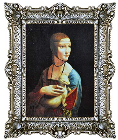LIGUORO SHOP Bild Dame mit Hermelin von Leonardo Da Vinci, Reproduktion, gedruckt auf Papier in Leinwandoptik, mit Barockrahmen, 55 x 45 cm (Antik-Silber)