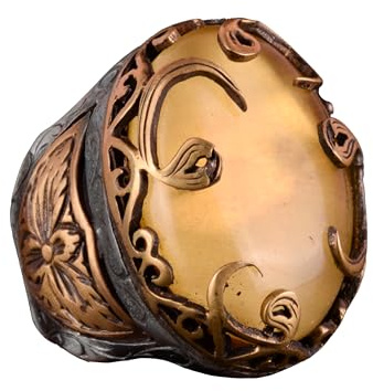 KAMBO Äkta naturlig bärnstensring, islamisk Vav bärnsten ädelsten herrring, 925 sterlingsilver, naturligt silver, bärnsten, naturligt silver, bärnsten