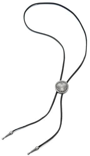 COOLSTEELANDBEYOND Vintage Kreis Taste Bolo Tie Krawatte, Lariat Halskette, Rodeo Lange Y Halskette für Herren Damen, Schwarz Leder