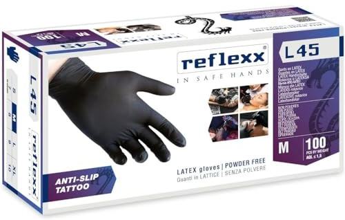 REFLEXX L45 300 Guanti lattice NERO senza polvere - gr 6.2-300 PEZZI VARIE TAGLIE - OFFERTA - speciali per tatuatori (S)