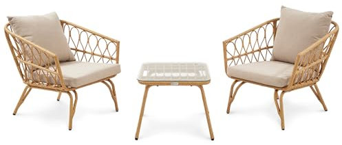 di volio Gartenmöbel-Set Savona Beige/Creme, Terrassenmöbel aus Polyrattan, Gartenmöbel für 2 Personen - Couchtisch & 2 Sessel