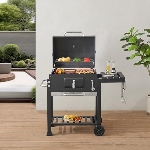 casa.pro Chariot de Barbecue au Charbon de Bois avec Grille Réglable en Hauteur Étagère Rabattable Thermomètre Ouvre-Bouteille Acier Inoxydable Plastique 105 x 114 x 48 cm Noir