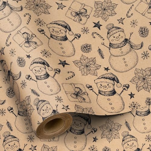 RUSPEPA Weihnachts-Geschenkpapierrolle aus Kraftpapier – 43,2 cm x 10 m – Mini-Rolle – schwarzes Schneemann-Design für Weihnachtsgeschenkverpackungen