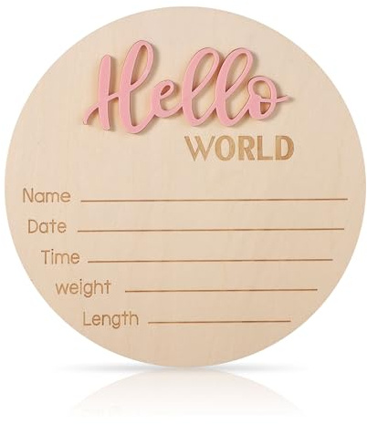 Tarjetas de Hitos Bebe, 15cm Letrero de Madera de Hello World Tarjetas de Hitos Mensuales Bebe para Niños y Niñas Recién Nacidos Accesorios para Fotos Baby Shower Guardería (Rosa Claro)