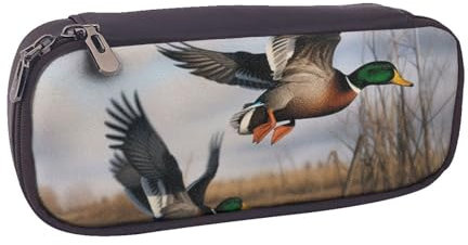 ULKMFFCF Bedrucktes Federmäppchen mit Jagd-Motiv und wilden Enten – PU-Leder für Studenten, Schreibwaren-Tasche, Stiftebox mit Reißverschluss, für Schule, Büro, Reisen und Make-up, Schwarz ,