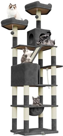Dogat Kratzbaum groß 208 cm mit 3 Anti-Kipp-Vorrichtung Hoch Katzenbaum XXL Stabil mit 15 Kratzsäulen, 2 Plattformen, 2 Höhlen, 1 Kratzrampe Hängematte, Katzenkratzbaum für große Katzen (Dunkelgrau)