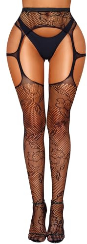 RSLOVE Women's Fishnet Stockings Thigh High - Lace Garter Tights Suspender Pantyhose Black One Size