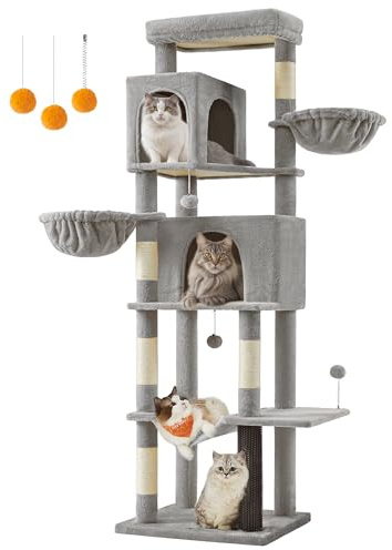 Feandrea Grand Arbre à Chat, 190 cm, Multi-Niveaux, 2 Niches, 2 Paniers | Tour à Chat, 5 Griffoirs, Toilettage Autonome, Perchoir, Hamac, Gris Tourterelle, Collection CLAWFY PCT183G01