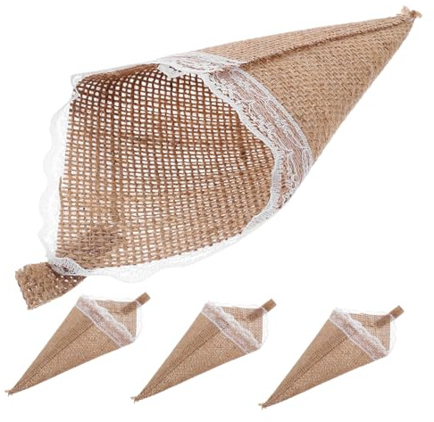 KOMBIUDA 4 Stück Jute Kegel aus Strapazierfähigem Material Blumenhalter für Hochzeitsdeko Geburtstagsfeier und Babyparty Vielseitig Verwendbar als Konfetti und Geschenktüte