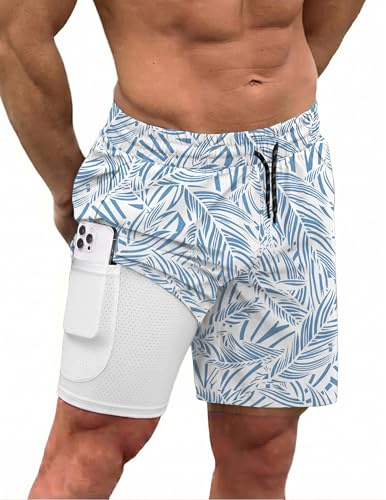 COOFANDY Men Swim Trunk with Compression Liner 2 in 1 Swimwear Bathing Suit Quick Dry Board Short Plam Leaf L