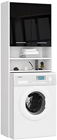 AKORD Armario para lavadora, armario de baño, cómoda, 64 x 180 x 30 cm, peso 30 kg, armario convertible con 2 puertas, 2 estantes, color blanco y negro brillante