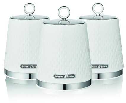 SWAN Elegance Set of 3 Kitchen Storage Canisters for Tea, Coffee, and Sugar with Textured Gloss Finish and Stainless Steel Accents, 1.3L, White