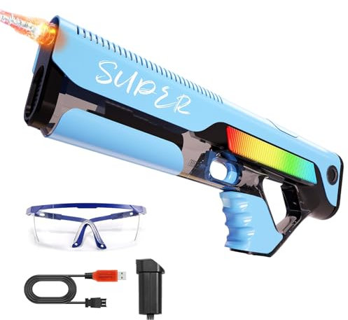 Pistola de Agua Eléctrica,Pistola de Agua de Largo Alcance con luz,Juguete de pulverización a Pilas con Tanque,para Verano Jardin Playa Piscinas Fiesta (Color Azul)