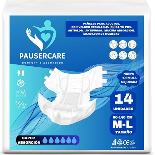 PAUSERCARE Lot de 14 couches jetables pour adulte Unisexe Super Absorbantes pour incontinence Pour homme et femme Taille M-L