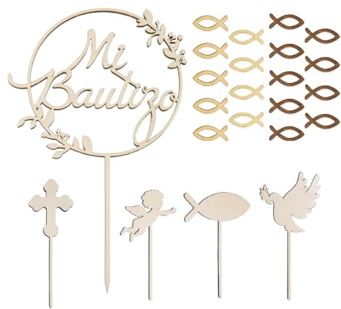 XFSRG Cake Topper de Madera Mi Bautizo Set Decoracion Tarta con Topper Circular 4 Símbolos Religiosos y 18 Peces para Comunión y Cumpleaños DIY (A)